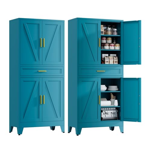 71" Tall Farmhouse Pantry Cabinet,Metal Cabinet with Adjustable Shelves and Doors,Storage Cabinet for Kitchen Garage,Blue 1 Pack - color: Blue, size: 15.8"D x 31.5"W x 71"H-2