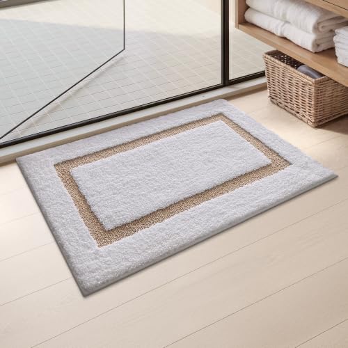 Color&Geometry Mini White Bathroom Rugs 24x16, Extra Soft Absorbent Microfiber Bath Rug, Non-Slip Bathroom mat, Washable Plush Bath Mats for Bathroom, Shower, Bathtub, Laundry, Small, White Khaki - color: B, size: 16"x24"（mini）