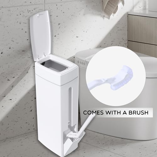 Slim Trash Can,Bathroom Trash Can with Toilet Brush and Holder Set 4.5 Liter / 1.2 Gallon Press-Type Plastic Garbage Can Slim Rectangular Trash Bin for Toilet ﻿, white, 5CC1101247