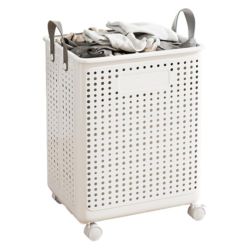 Slim Rolling Laundry Basket with Wheels Plastic Foldable Dirty Clothes Hamper Large Capacity Breathable Mesh Laundry Bin with Leather Handles for Narrow Space Bathroom White M