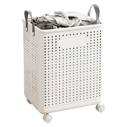 Slim Rolling Laundry Basket with Wheels Plastic Foldable Dirty Clothes Hamper Large Capacity Breathable Mesh Laundry Bin with Leather Handles for Narrow Space Bathroom White M