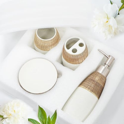 CERBIOR Bathroom Accessories Set,4 PCS Ceramic Bath Accessory,Brown White | Includes Toothbrush Holder, Toothbrush Cup, Soap Dish for Decorative Countertop and Housewarming Gift - style: White-Brown
