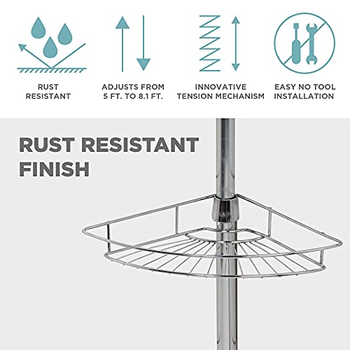 Zenna Home Tension Pole Shower Caddy, Adjustable Corner Shower Storage System with 4 Baskets and Built in Towel Bar, Rust-Resistant Bathroom Organization Solution, 60 to 97 Inch, Chrome