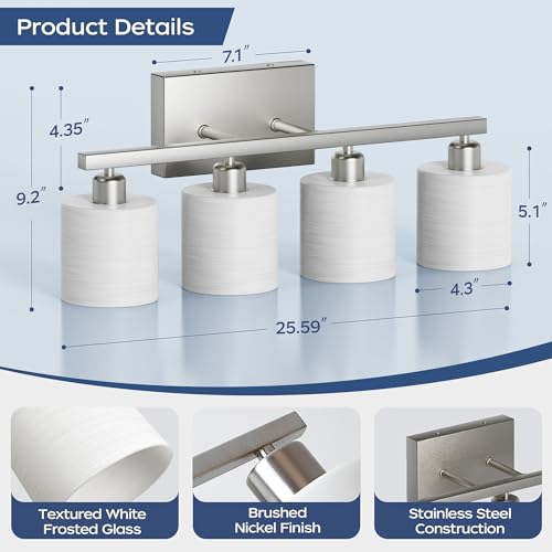 Bathroom Light Fixtures, Bathroom Lighting Fixtures Over Mirror, Classic Vanity Lights, Modern Vanity Light with Textured Frosted Opal White Glass Shades, Brushed Nickel, 4-Light - color: ‎Brushed Nickel, size: 4-Light