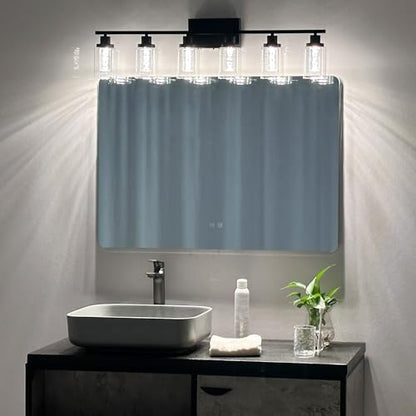MELUCEE 6-Light Black LED Vanity Lights for Bathroom,3000K-6000K | Dimmable Bathroom Light Fixtures with Crystal Bubble Clear Glass Shade, LED Wall Light Fixture Built-In LED Chips - color: Black, size: LED-6 Lights