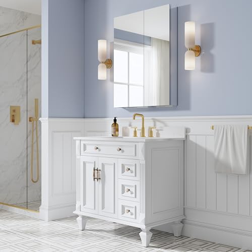 28" x 36" Bathroom Medicine Cabinet with Mirror, Anodized Chrome Aluminum Frame, Surface Mount or Recessed Medicine Cabinet with Mirror, Bathroom Mirror with Storage, Double Doors - size: 28"x36"-A