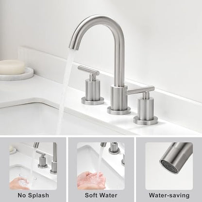 Waterfall Bathroom Faucets for Sink 3 Hole | Brushed Nickel Bathroom Faucet with Pop-up Drain, 8 Inch Widespread Bathroom Sink Faucet 2-Handles Vanity Faucet with Supply Lines - color: Brushed Nickel