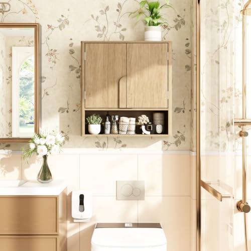 RUSTOWN Wall Mounted Bathroom Cabinets with Rounded Edges & Curved Handles | Adjustable Shelf, 3-Tier Over The Toilet Storage Cabinets, Modern Medicine Cabinet for Laundry Kitchen Living Room - color: Natural Oak