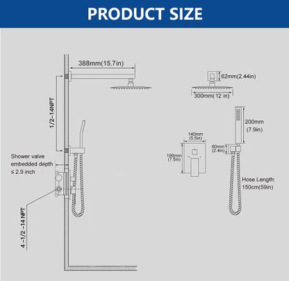 Brushed Gold Shower System with 12-Inch Rain Showerhead and Handheld | Innovative air-injection technology for low pressure, high-flow rate up to 3.22 GPM ensuring powerful consistent stream - color: Brushed Gold, style: 12"-Without Tub Spout