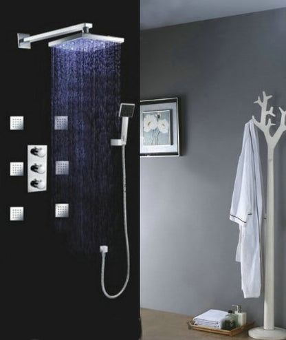 Luxury 10" Water Power LED Shower Head Rainfall Thermostatic 6 Massage Jets Spray Body Shower Set Faucet, Chrome Ys 7008