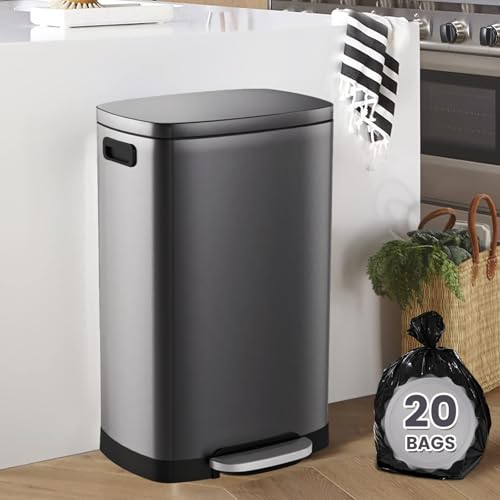 ELPHECO Kitchen Trash Can with Lid 13 Gal Stainless Steel Pedal Garbage Can | Soft Close Lid Pedal Heavy-Duty Fingerprint Proof Step Wastebasket with 20 Bags Removable Bucket, Home Office, Titanium Black - color: Titanium Black