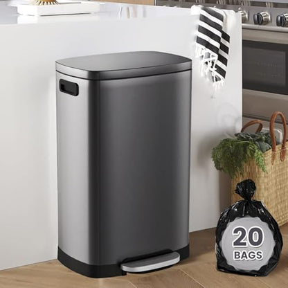 ELPHECO Kitchen Trash Can with Lid 13 Gal Stainless Steel Pedal Garbage Can | Soft Close Lid Pedal Heavy-Duty Fingerprint Proof Step Wastebasket with 20 Bags Removable Bucket, Home Office, Titanium Black - color: Titanium Black