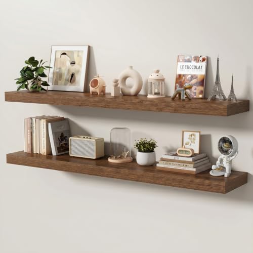 Floating Shelves for Wall, 55 Inch x 8 Inch Deep Wall Mounted Wood Shelf with Invisible Brackets for Storage & Display, Living Room Bedroom Kitchen, Walnut, Set of 2 - color: Walnut, size: 55 Inch, Set of 2
