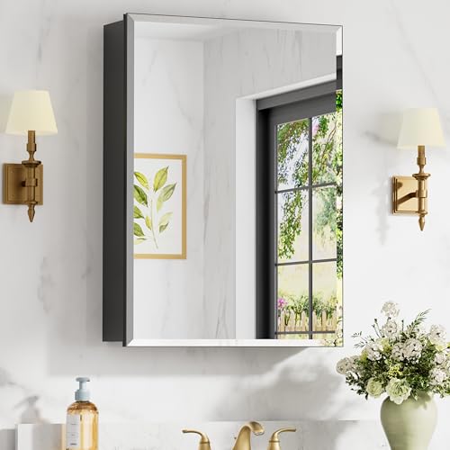 20x28 Inch Medicine Cabinet with Mirror, Aluminum Medicine Cabinet, Black | Tempered Beveled Edge Mirror Single Door, Adjustable Glass Shelves, Surface or Recessed Mount Bathroom Mirrors with Storage - size: 20 in. x 28 in.