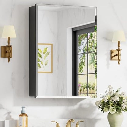 20x28 Inch Medicine Cabinet with Mirror, Aluminum Medicine Cabinet, Black | Tempered Beveled Edge Mirror Single Door, Adjustable Glass Shelves, Surface or Recessed Mount Bathroom Mirrors with Storage - size: 20 in. x 28 in.