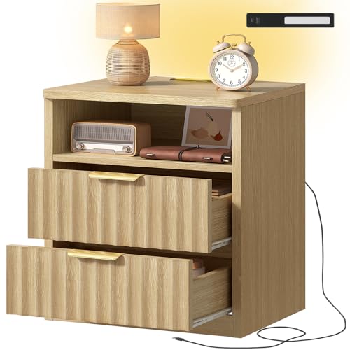 Fluted Night Stand, Nighstand with Charging Station and LED Light, Modern Bed Side Table for Small Space, Storage Drawer and Open Shelf, for Bedroom, Natural - color: Unbzx024rd-zf
