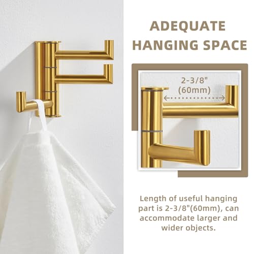 Suyar Brushed Gold Towel Hook, Bathroom Coat Robe Holder with 3 Swivel Arms | SUS304 Stainless Steel, Wall Mounted - color: Brushed Gold, size: 1 Pack