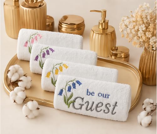 Petite Towels for Dorms, Gym, SPA, Hotel Embroidered Guest BathroomTowels-Set of 4,13"x13" Cotton, Elegant Design, Guest Washcloths, Mini Towels for Powder Room