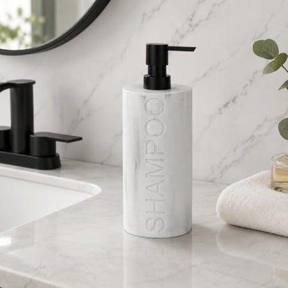 Resin White Marbled Shampoo Engraved Bottle Refillable Pump Dispenser, Durable Waterproof Construction for Bath, Shower - Resin White Marble - Matte Black Pump - color: Shampoo White