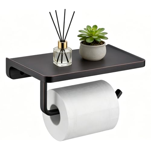 TRUSTMI Toilet Paper Holder with Shelf & Phone Stand, Oil Rubbed Bronze | Solid zinc alloy holder holds 15 lbs and fits jumbo rolls. Shelf stores phones and wipes for easy bathroom organization. - color: Oil Rubbed Bronze, size: 7.1" x 4.3"