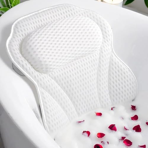 Bath Pillow Luxury Bathtub Pillow, 4D Bath Tub Pillows for Head, Neck and Back Support, Tub Pillow for Bathtub with 6 Non-Slip Suction Cups, Relaxing Bath Accessories Spa Gifts - color: White