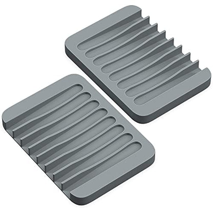 ZAPPOWARE 2-Pack Silicone Soap Dish with Drain - Bar Soap Holder for Shower & Bathroom Sink - Self Draining Waterfall Soap Saver Tray for Kitchen, Prevents Sticky Mess, Easy to Clean (Gray) - color: Gray