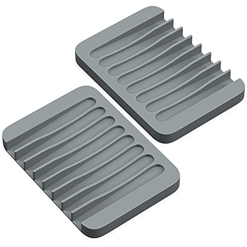 ZAPPOWARE 2-Pack Silicone Soap Dish with Drain - Bar Soap Holder for Shower & Bathroom Sink - Self Draining Waterfall Soap Saver Tray for Kitchen, Prevents Sticky Mess, Easy to Clean (Gray) - color: Gray