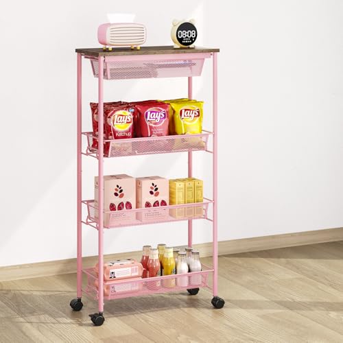 KINGRACK 4-Tier Slim Storage Cart, Metal Rolling Cart, Organizer with Wooden Tabletop and Drawer Basket, Mobile Shelving Unit for Kitchen, Bathroom, Laundry Room, Pink - color: Pink