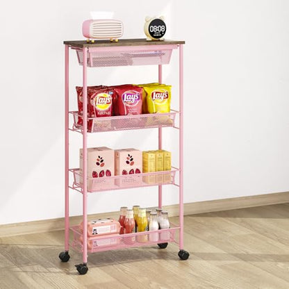 KINGRACK 4-Tier Slim Storage Cart, Metal Rolling Cart, Organizer with Wooden Tabletop and Drawer Basket, Mobile Shelving Unit for Kitchen, Bathroom, Laundry Room, Pink - color: Pink