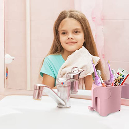 Elephant Toothbrush Holder for Toddler, Suction Cup Cute Toothbrush Holder for Kids, for Bathroom, with 3 Slots and 1 Hook, Pink - color: Pink