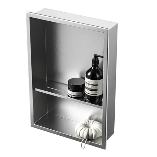 Stainless Steel Shower Niche 18" X 12" Brushed No Tile Needed Niche | Recessed shower niche w/ 2-tier shelf,space-saving silver vertical niche, bathroom niche shower for shampoo & soap storage - color: Brushed, size: 18"x 12"