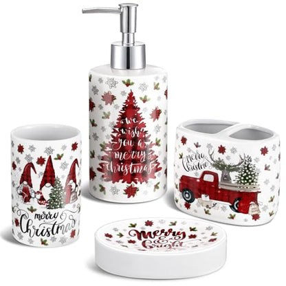 4 Pcs Christmas Ceramic Bathroom Accessories Gifts Xmas Bath Tumbler Xmas Tree Soap Dispenser Toothbrush Holder Soap Tray Merry Christmas Bathroom Decorations(Red and Black Plaid) - style: Red and Black Plaid