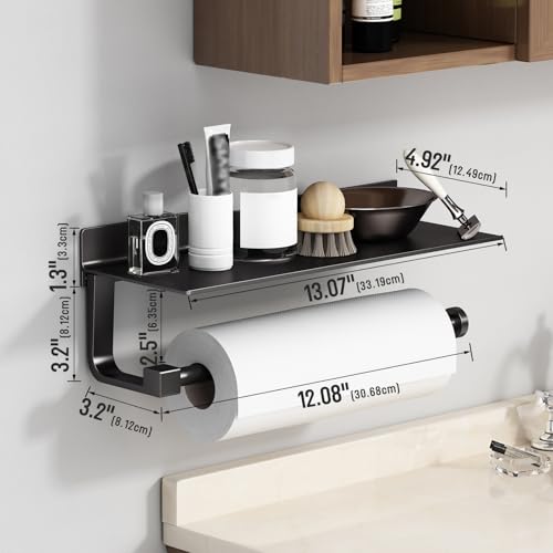Wall Mount Paper Towel Holder with Shelf for Bathroom/Kitchen, Adhesive Hand Towel Holder, Matte Black - color: Black