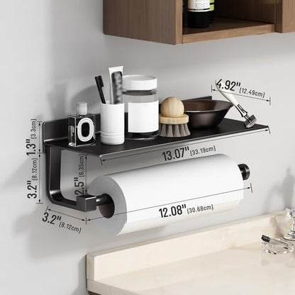 Wall Mount Paper Towel Holder with Shelf for Bathroom/Kitchen, Adhesive Hand Towel Holder, Matte Black - color: Black