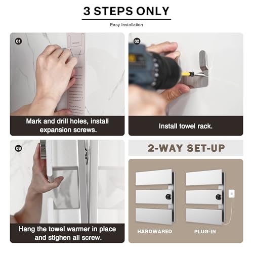 K&KALONZO Electric Towel Warmer Wall Mounted, Fast Heat in 2 Min, NTC Safety | 5 Timers & 3 Heat Levels Control, 2H Rapid Dry, Plug-In/Hardwired, Anti-Scald, Aluminum Heated Towel Rack for Bathroom, K3RS - color: Silver, size: 3-Bar