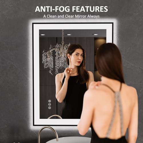 LOAAO 28"X36" LED Bathroom Mirror Black Framed | Anti-Fog, Dimmable, Memory Function, Tempered Glass, Lighted Vanity Mirror for Wall - size: 28"L x 36"W