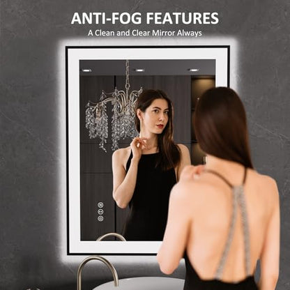 LOAAO 28"X36" LED Bathroom Mirror Black Framed | Anti-Fog, Dimmable, Memory Function, Tempered Glass, Lighted Vanity Mirror for Wall - size: 28"L x 36"W