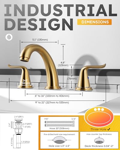 WOWOW Widespread Bathroom Faucet Brushed Gold Bathroom Sink Faucet 3 Hole Vanity Faucet 2 Handle Basin Faucets 8 Inch Mixer Tap with Pop Up Drain and Supply Hose - color: Brushed Gold