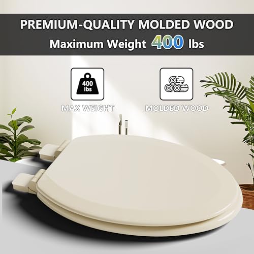 Angol Shiold Quiet-Close Molded Wood Toilet Seat with Non-Slip Adjustable Hinges, Anti-Pinch Bumpers, Easy Install & Clean（Bone, Elongated 18.5''） - color: Bone, size: Elongated 18.5‘’