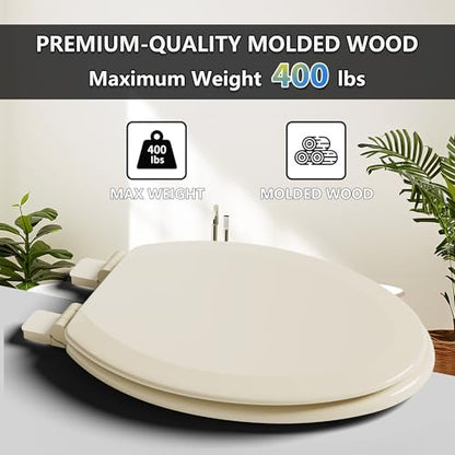 Angol Shiold Quiet-Close Molded Wood Toilet Seat with Non-Slip Adjustable Hinges, Anti-Pinch Bumpers, Easy Install & Clean（Bone, Elongated 18.5''） - color: Bone, size: Elongated 18.5‘’