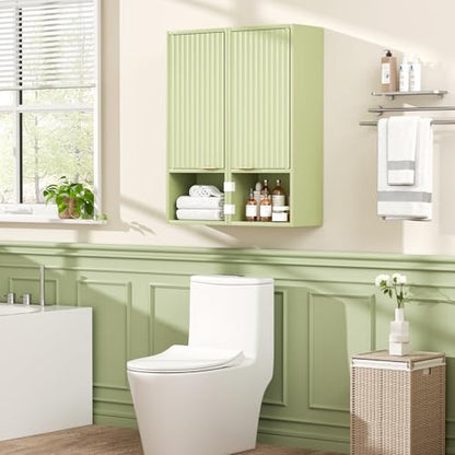 AKMAKM 59.1" Tall Slim Bathroom Storage Cabinet Green | Freestanding or Wall Mounted Modular Cabinet, Fluted Panel Linen Tower with Adjustable Shelves for Small Spaces - color: Green
