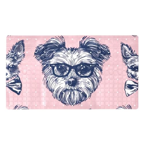 Dog Bows Glasses Tie on Pink Background Bath Tub and Shower Mats, Non Slip Bathmat with Drain Holes and Suction Cups for Bathroom Floor, 15.1 x 26.8 Inch - color: Multi 01