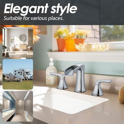 Chrome Waterfall Bathroom Faucet, Sanliv 3-Piece Widespread Bathroom Sink Faucets, 2-Handle Vanity Faucet for 3-Hole Sinks 4-8 Inch with Pop-Up Drain, ‎Polished Chrome - color: Chrome