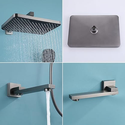 Thermostatic Shower Set, 30x20cm Square Shower System Concealed, Wall-mounted Shower Faucet Set, 3 Mode Hand Shower, with 180° Foldable Bathtub Mixer, Brass Body, Anti-rust, Durable (Gun Gray)