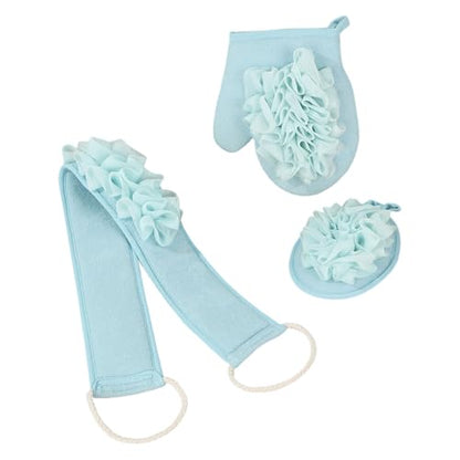 Triple Bath Scrub Set with Extended Back Scrubber Cleans Exfoliator Soft Washcloth Spa Grade Bathroom Essential Bath Scrubber Set - color: Blue