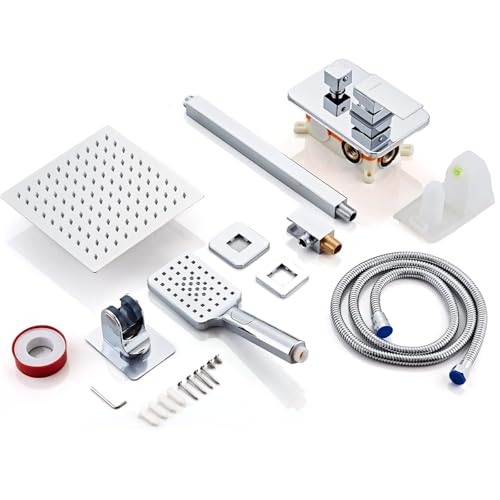 8 Inch Ceiling Mount Shower Faucet Set, Polish Chrome Rainfall Shower System, Square Rain Shower Head with Handheld Spray Combo Ceiling, Silver Rainfall Shower Faucet Fixtures (3-Setting) - color: Polish Chrome, style: 8 Inch-3 Setting