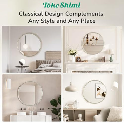24 Inch Circle Bathroom Mirror Brushed Nickel, Tempered Round Wall Mirror, Shatterproof 24x24 Hanging Wall Mirrored Farmhouse for Bedroom, Entryway, Restroom, Vanity, Living Room - size: 24"L x 24"W
