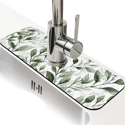 Kitchen Sink Splash Guard，Watercolor-sage foliage Faucet Mat Sink Gadgets-Super Absorbent Fast Drying Mat Drip Catcher for Kitchen, Bathroom,Sink Mat, Dish Drying Mat, Bathroom(15" X 5.5" ) - color: Watercolor-sage foliage