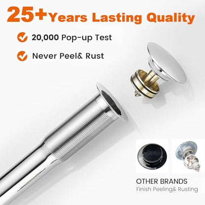 Bathroom Sink Drain Without Overflow, Chrome Bathroom Sink Stopper for Vanity Vessel Sink, Rapid Draining Stainless Steel Pop Up Drain with Hair Catcher Anti-Clog Strainer - color: Chrome