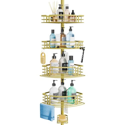 Consumest Corner Shower Caddy Tension Pole - Rustproof Shower Shelves with Towel Bar & Soap Holder, Adjustable Bath Organizer for Bathroom Storage, 27.6-108.3 inch, Gold - color: Gold